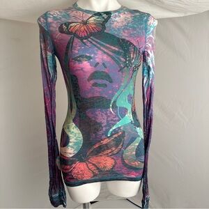GO Jeans Los Angeles multicolor butterfly print burnout long sleeve t-shirt